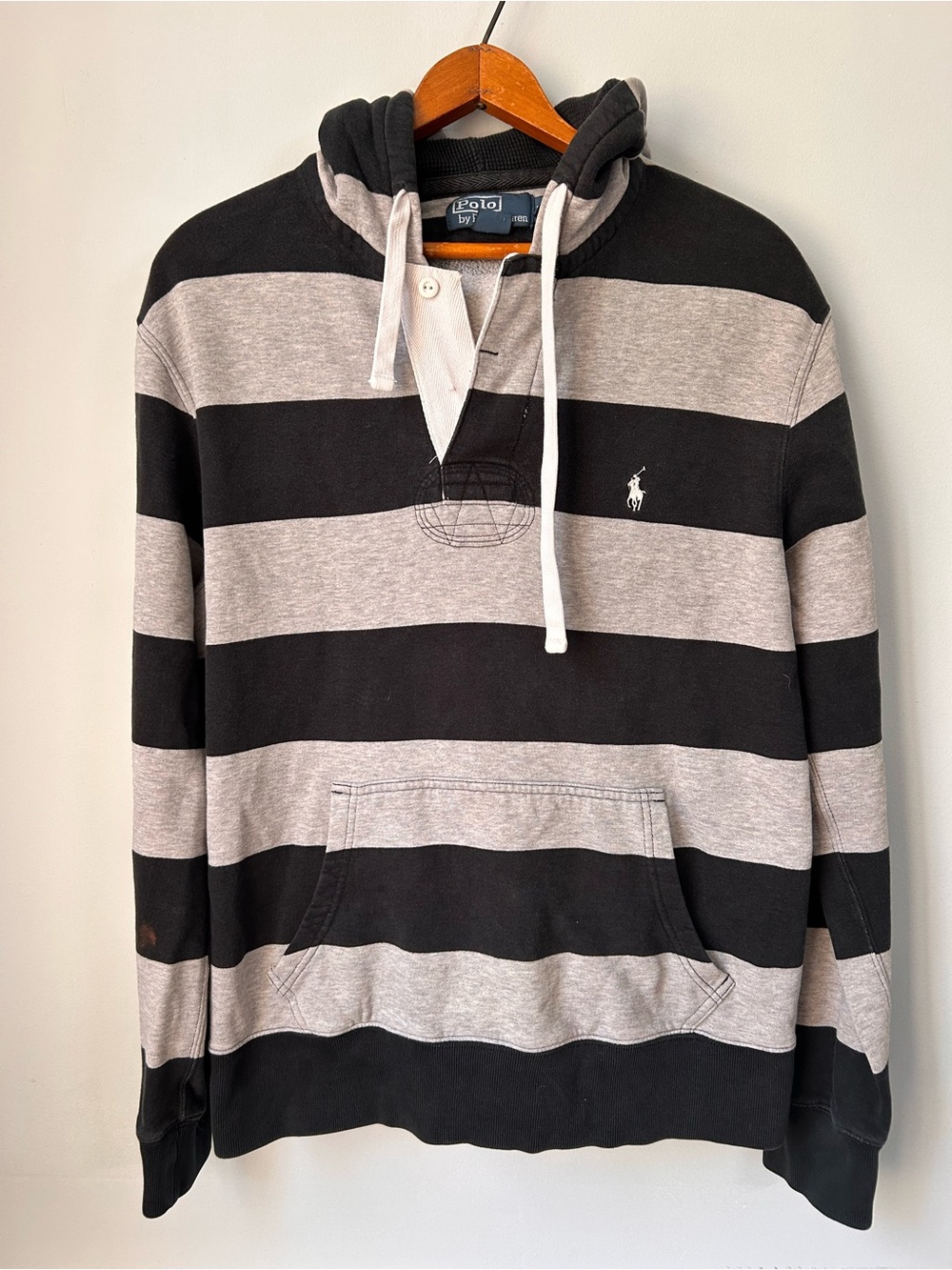 Vintage Polo Ralph Lauren Rugby Hoodie Mens M Black Gray Striped Long Sleeve - Picture 1 of 13